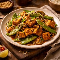 Spicy Stir Fry Tofu with Peanut Sauce W Snow Peas and Mushrooms