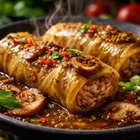 Spicy Stuffed Cabbage Rolls in Mushroom Gravy Sauce