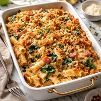Spinach and Hot Ham Baked Pasta with a Crispy Top