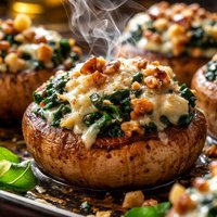 Spinach and Walnut Stuffed Mushrooms with Three Cheeses