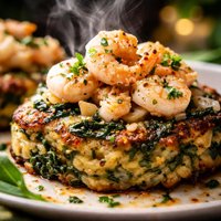 Spinach Artichoke Potato Cakes with Shrimp Scampi