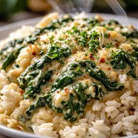 Spinach Asiago Cheese Wine Sauce Over Rice