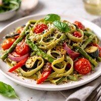 Spinach Fettuccine with Roasted Veggies