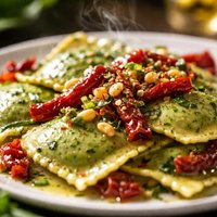 Spinach Ravioli with Sun Dried Tomatoes and Pine Nut Salsa