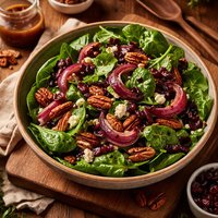 Spinach Salad with Roasted Red Onions Pecans Dried Cranberries
