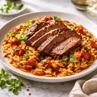 Steak and Orzo in Tomato Oregano Sauce