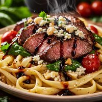 Steak Gorgonzola with Balsamic Reduction Over Pasta