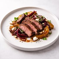 Steak with Caramelised Red Onion Feta and Roasted Pumpkin