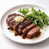 Steak with Parmesan Butter Balsamic Glaze and Arugula