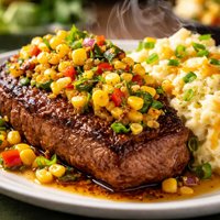 Steaks with Tangy Corn Relish and Super Cheese and Scallion Smas