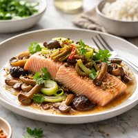 Steamed Salmon with Mushrooms and Leeks