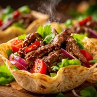 Stir Fried Beef Salad in Tortilla Cups
