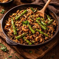 Stir Fried Wild Rice with Asparagus and Mushrooms