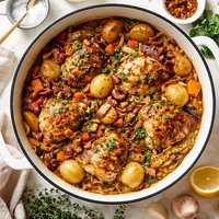 Stoved Chicken Chicken Casserole with Potatoes Bacon and Onion