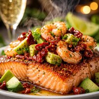 Sun Dried Tomato Avocado and Prawn Topped Salmon with a Champag