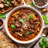 Sun Dried Tomato Soup with Wild Mushrooms and Wild Rice