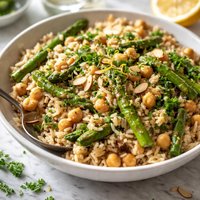 Super Quick Brown Rice with Asparagus Chickpeas and Almonds
