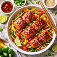 Sweet Chili Salmon with Three Peppers and Udon Noodles