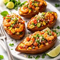 Sweet Potatoes Stuffed with Shrimp and Salsa