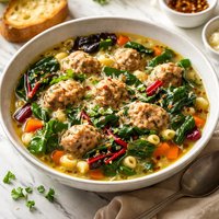 Swiss Chard and Pasta Soup with Turkey Meatballs