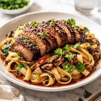 Tagliatelle and Steak Marinated in Special Asian Sauce