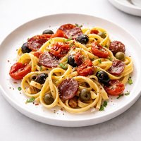 Tagliatelle with Salami Olives and Oven Roasted Tomatoes
