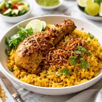 Thai Chicken with Crispy Shallots in Yellow Rice Kao Moke Gai