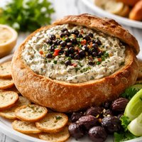 The Ultimate Black Olive Dip in a Bread Bowl