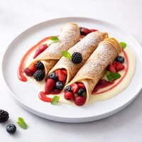 Three Berry Crepes with Creme Anglaise and Strawberry Sauce