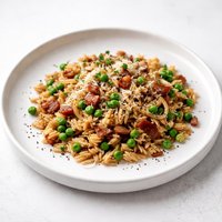 Toasted Orzo with Peas Onion and Bacon