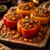 Tofu Potato Stuffed Bell Peppers in a Spicy Indian Sauce