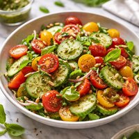 Tomato and Cucumber Salad with a Pesto Like Dressing