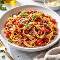 Tomato Bacon and Onion Fettuccine