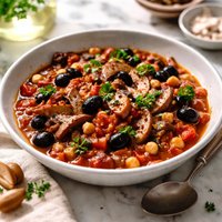 Tomato Black Olive and Chickpea Stew with Fresh Shiitakes