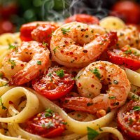 Tomato Shrimp Scampi on Fettuccine