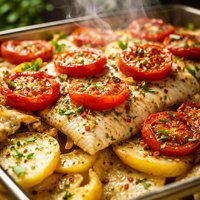 Tomato Topped Fish and Potato Bake