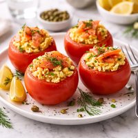 Tomatoes Stuffed with Scrambled Eggs and Smoked Salmon