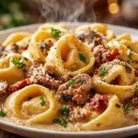Tortellini with Mushroom Carbonara Sauce