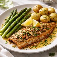 Trout Amandine Steamed Asparagus and New Potatoes