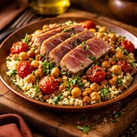 Tuna Over Tomatoes Chickpeas and Couscous