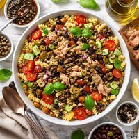 Tuna Pasta Salad with Warm Black Olive Vinaigrette