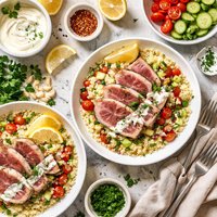 Tuna Steaks with Lemon Yogurt Drizzle Over Couscous