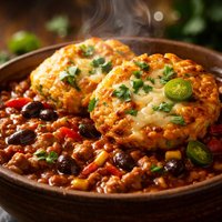 Turkey Chipotle Chili with Pepper Jack Cheese Corn Cake Toppers