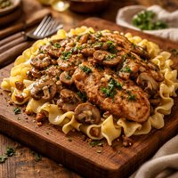 Turkey Filets with Mushrooms Over Egg Noodles