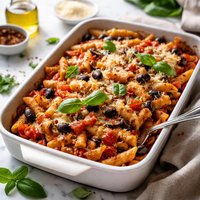 Two Cheese Mushroom Chunky Tomato and Olive Penne Bake