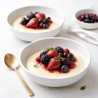 Vanilla Custards with Roasted Berries