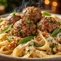 Veal and Sage Meatballs and Pasta with Gorgonzola Walnut Sauce