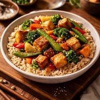Veggie Tofu Stir Fry with Sesame Seeds Over Brown Rice