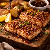 Walnut Crusted Halibut with Honey Soy Sauce