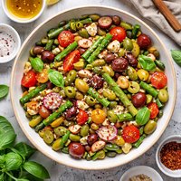 Warm Entree Salad of Tomato Asparagus Olives and Cannellini